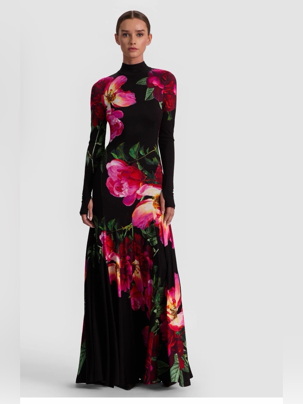 Alice + Olivia Black Maxi Dress with Pink & Red Floral Print-  back filled in